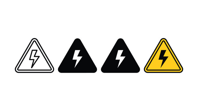 Set of four high voltage hazard warning sign icons with lightning bolt symbols
