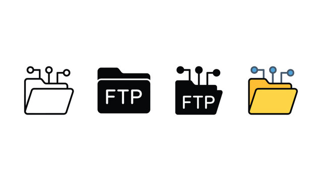 Set of four digital file transfer protocol icons representing data management and networking folder systems in diverse graphic styles