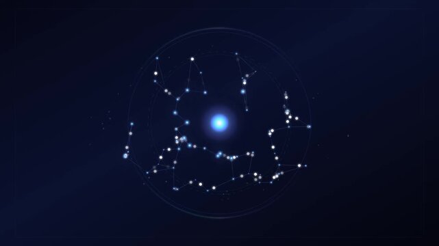 Animated constellations forming around a glowing blue star in space