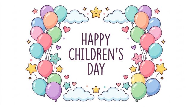 A festive greeting card design for childrens day featuring colorful balloons and decorative stars on a white background