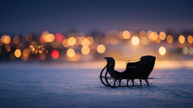 Silhouette of a sleigh in a snowy field at twilight  