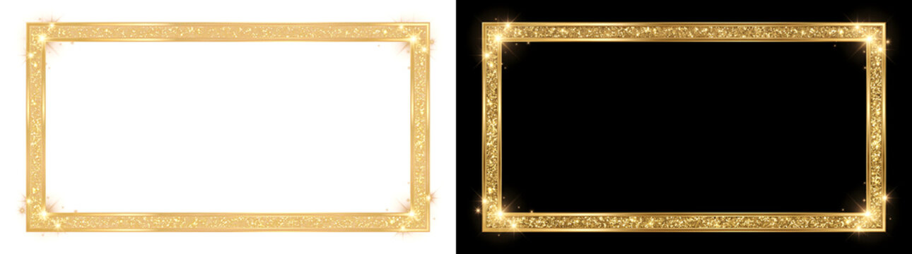 Glitter rectangle frame with golden sparkling texture between shiny double lines for party invitations in PNG, Transparent and Black Background Versions