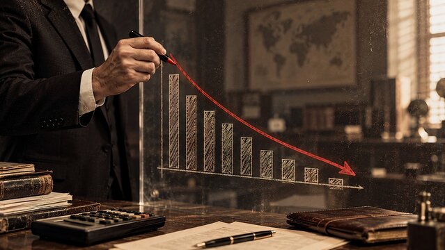 Business person in suit drawing a red downward trend line on a bar chart showing financial loss in office
