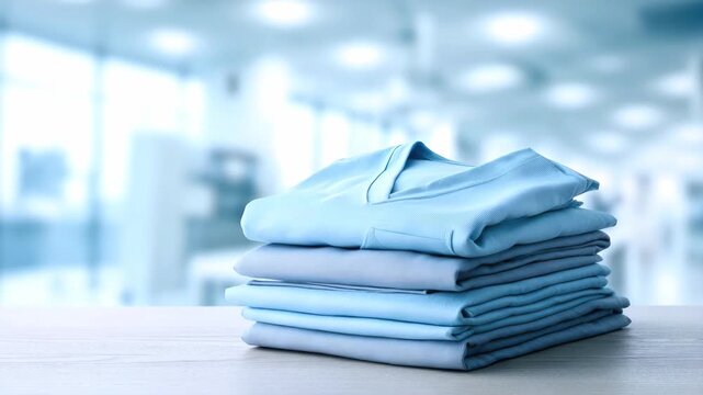 A stack of folded blue medical gowns on a table in a modern clinic. Concept of healthcare, sterility, and hygiene