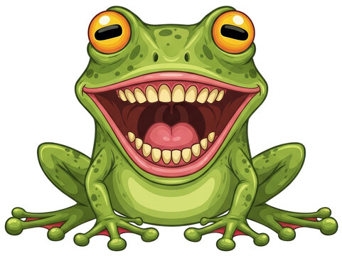 Cartoon frog with huge open mouth and teeth on transparent background. Funny green amphibian character with big orange eyes. Laughter, screaming and humor concept.