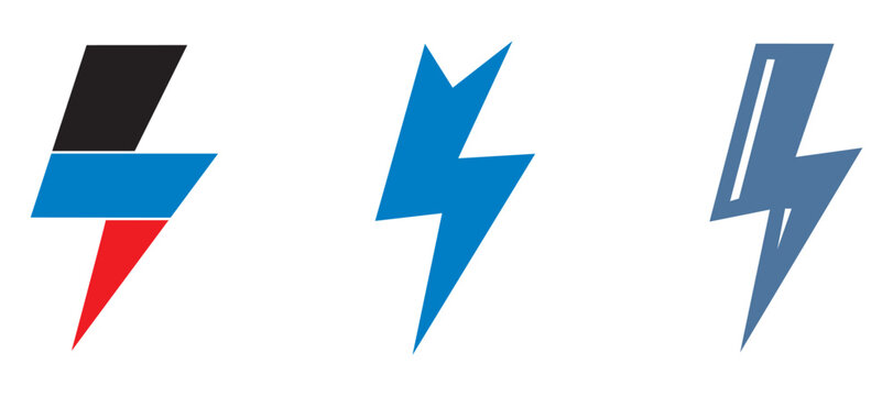 Lightning bolt strike icons. Graphic variations of thunderbolt symbols including tri colored blue and outline versions designed for renewable energy power or electric charge concepts.