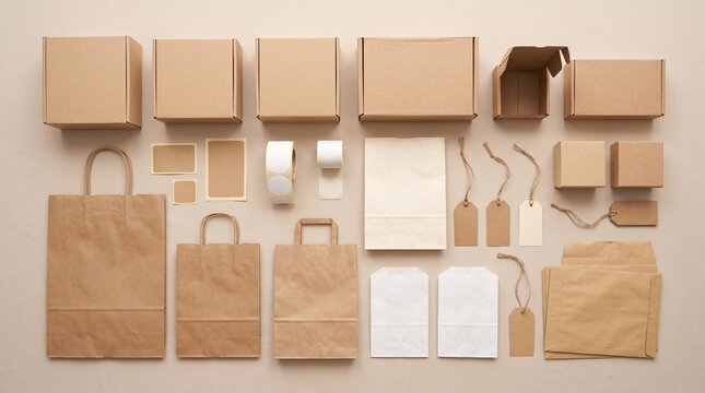 Various blank brown and white paper packaging items, including boxes, bags, labels, and tags, on a beige background, eco friendly, sustainable, mock up, retail supplies, craft packaging.