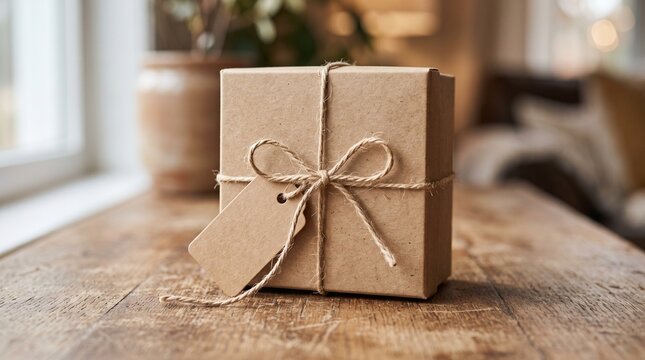 Brown gift box with string bow and blank tag on a wooden table, gift giving, craft packaging, celebration moment, special occasion, present delivery.