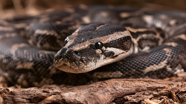 Close up of a coiled python with detailed scales and focused eye  resting on textured bark in naturalistic setting