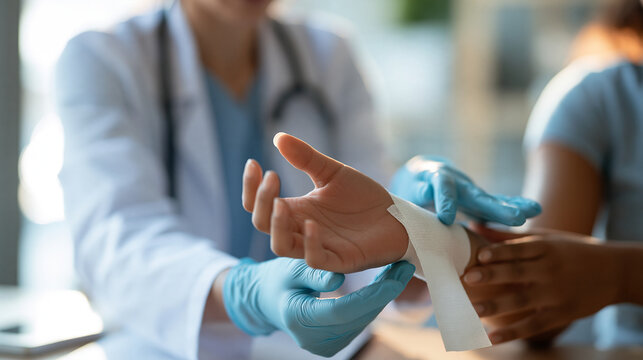Faceless African American pediatrician applying an elastic bandage to the wrist of a teenage patient during a checkup, first aid campaign concept, with copy space