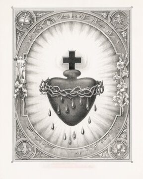 Vintage religious engraving of the Sacred Heart of Jesus with crown of thorns, cross, rays of light and symbolic frame