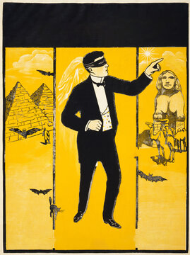 Vintage yellow pop art magic poster featuring a blindfolded man in a tuxedo pointing toward pyramids and sphinx