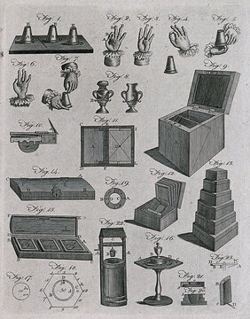 Antique scientific engraving detailing classic magic tricks, cups and balls, sleight of hand, and secret boxes