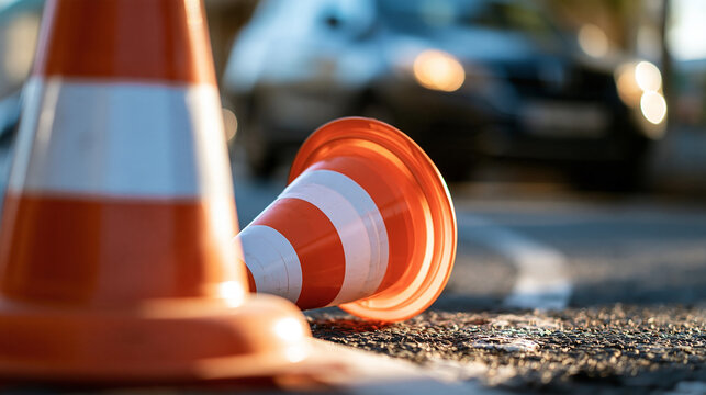 A single overturned traffic cone on the street, a defocused parked car in the background, driving test mishap concept, with copy space