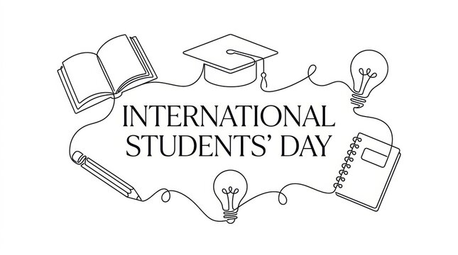 Black and white hand drawn sketch illustration for international students day featuring graduation cap books and educational school supplies
