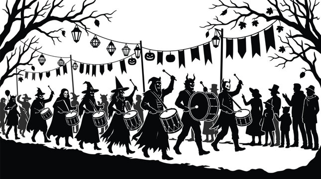 Spooky Halloween parade silhouette featuring costumed marching band musicians playing drums under hanging lanterns
