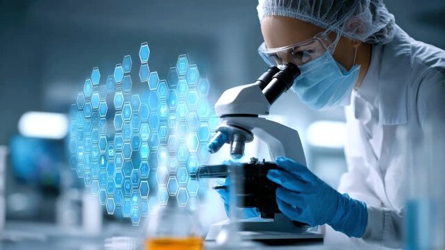 A female scientist examines a sample under a microscope in a laboratory; a digital hologram showing cells. Concept of scientific research, biotechnology, innovation