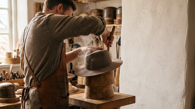 Artisan Milliner Steaming and Shaping Felt Hat on Wooden Block in Workshop