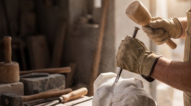 Sculptor Hands Chiseling Marble Sculpture with Mallet and Chisel in Workshop