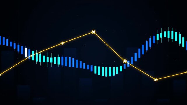 Financial market candlestick chart with yellow trend line showing market fluctuation on dark background for professional investment analysis or economic reporting software interface