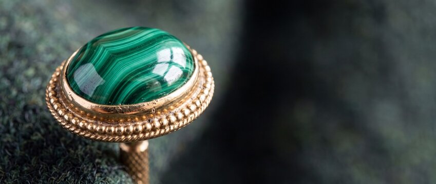 Malachite gemstone pin button with gold setting on dark green tweed wool coat lapel close up.