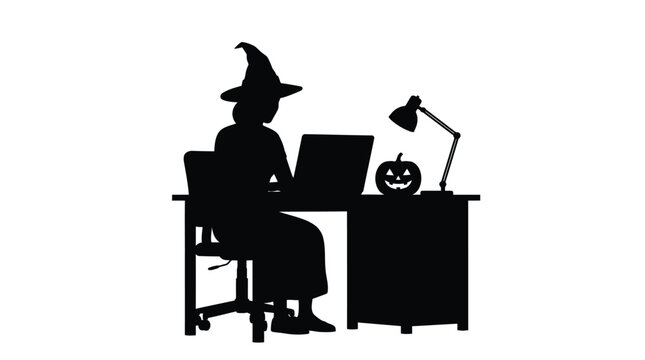 Witch working diligently on laptop at office desk during Halloween night with glowing pumpkin