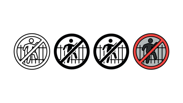 Set of four no climbing over fence warning signs in various graphic styles