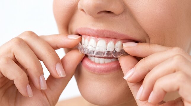 Woman putting on clear plastic aligner tray for teeth straightening and smile correction