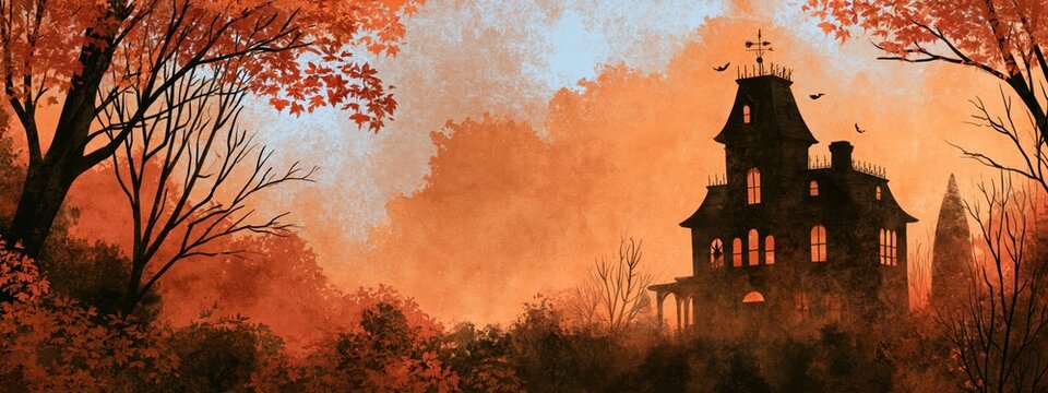 Halloween haunted house on hill with autumn trees