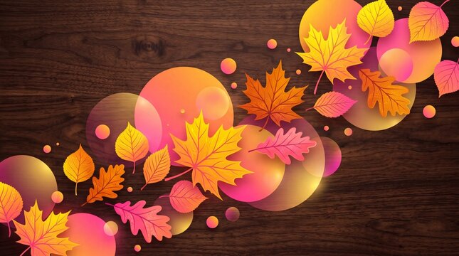 Vibrant autumn leaves and glowing bokeh circles on a rustic dark wood background.
