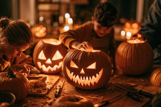 Children carving pumpkins for Halloween celebration at home