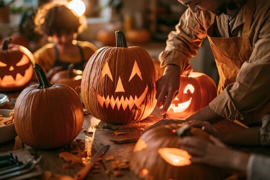 Family carving glowing jack-o'-lanterns for Halloween celebration