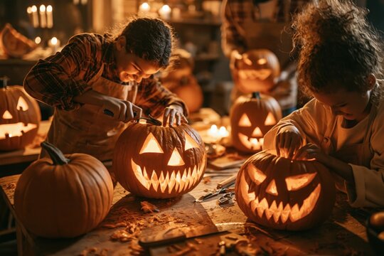 Children carving Halloween pumpkins creating jack-o'-lanterns at home