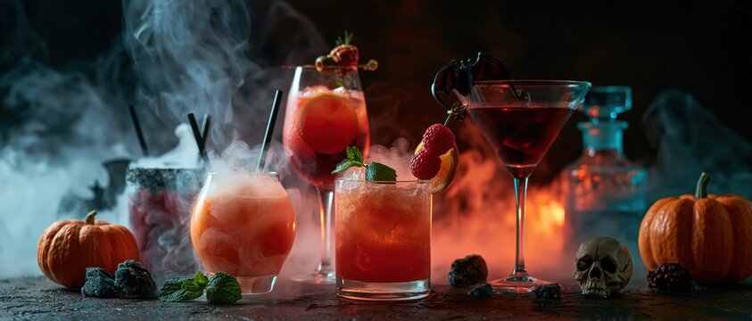 Halloween cocktails with spooky smoke and pumpkins on dark background