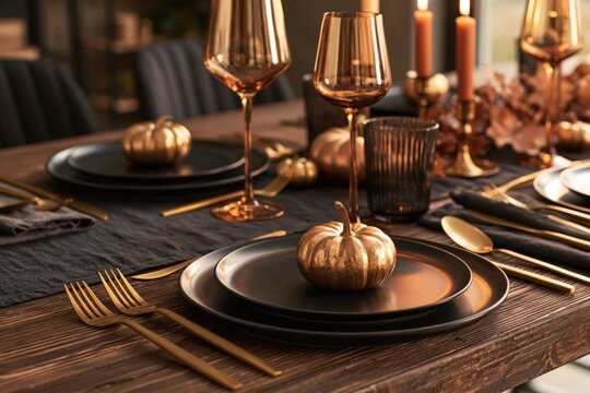 Elegant Halloween dinner table setting with golden pumpkins