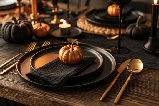 Halloween table setting featuring black plates and golden cutlery