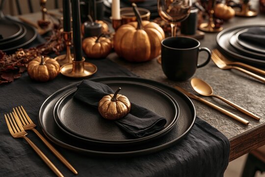 Halloween dinner table setting with black and gold decor