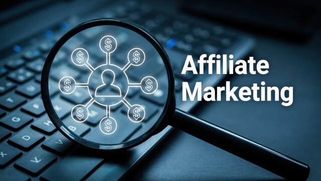 Affiliate marketing concept with magnifying glass over a computer keyboard