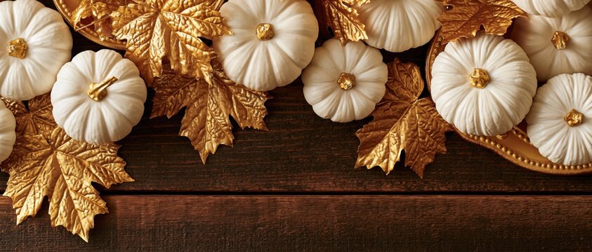 White pumpkins and gold leaves decorating rustic wood