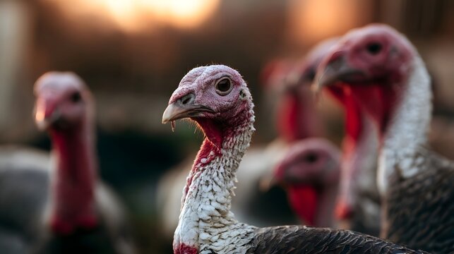 A close up of a turkey with red head and white neck feathers  standing among other turkeys in a softly lit outdoor setting