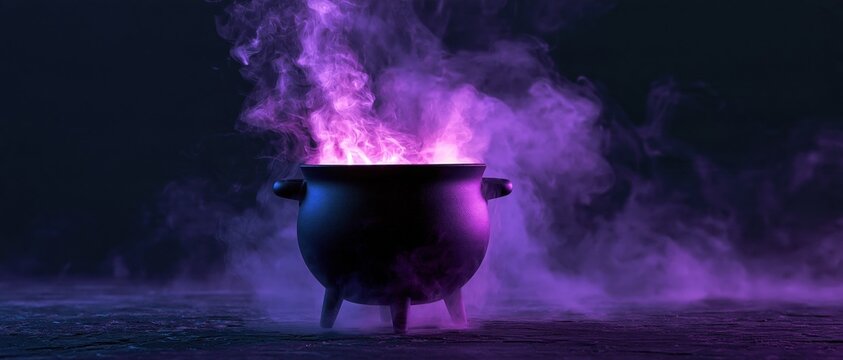 Halloween cauldron brewing magic potion with purple smoke