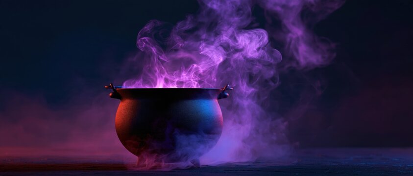 Halloween cauldron bubbling magic potion with purple smoke