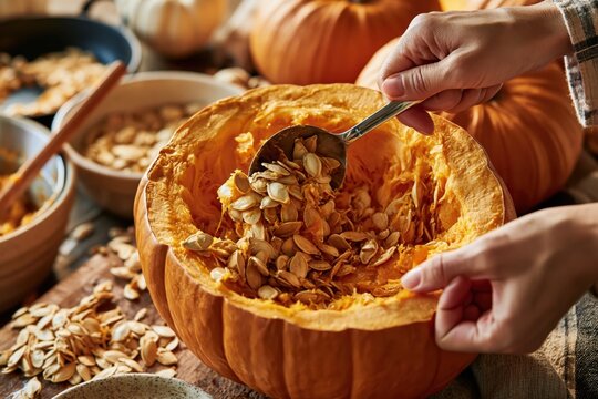 Preparing Halloween pumpkin carving, scooping out seeds
