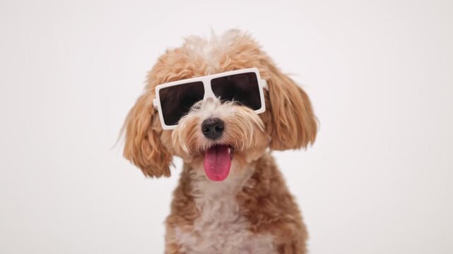 Trendy maltipoo puppy wearing sunglasses sticking tongue out and looking around on white background
