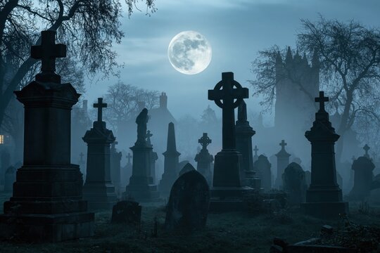 Halloween night in a foggy cemetery with full moon