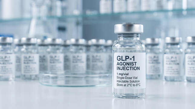 Glass vial with GLP-1 agonist injection, representing pharmaceutical research and treatment, with a sterile laboratory setting showcase.