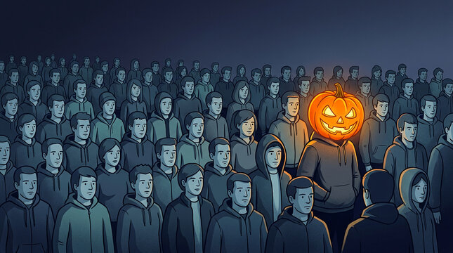 A crowd of people in dark clothing with one person in a glowing jack-o'-lantern head. Symbolizes individuality, standing out, and Halloween.