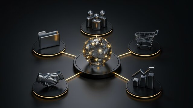 3d business network concept with global communication globe and icons on dark background