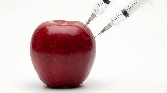 Two medical syringes piercing a fresh red apple on white background