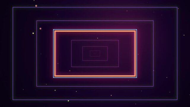 Neon rectangular tunnel motion background, with floating particles, abstract cyberpunk digital, corridor, glowing light, frames loop